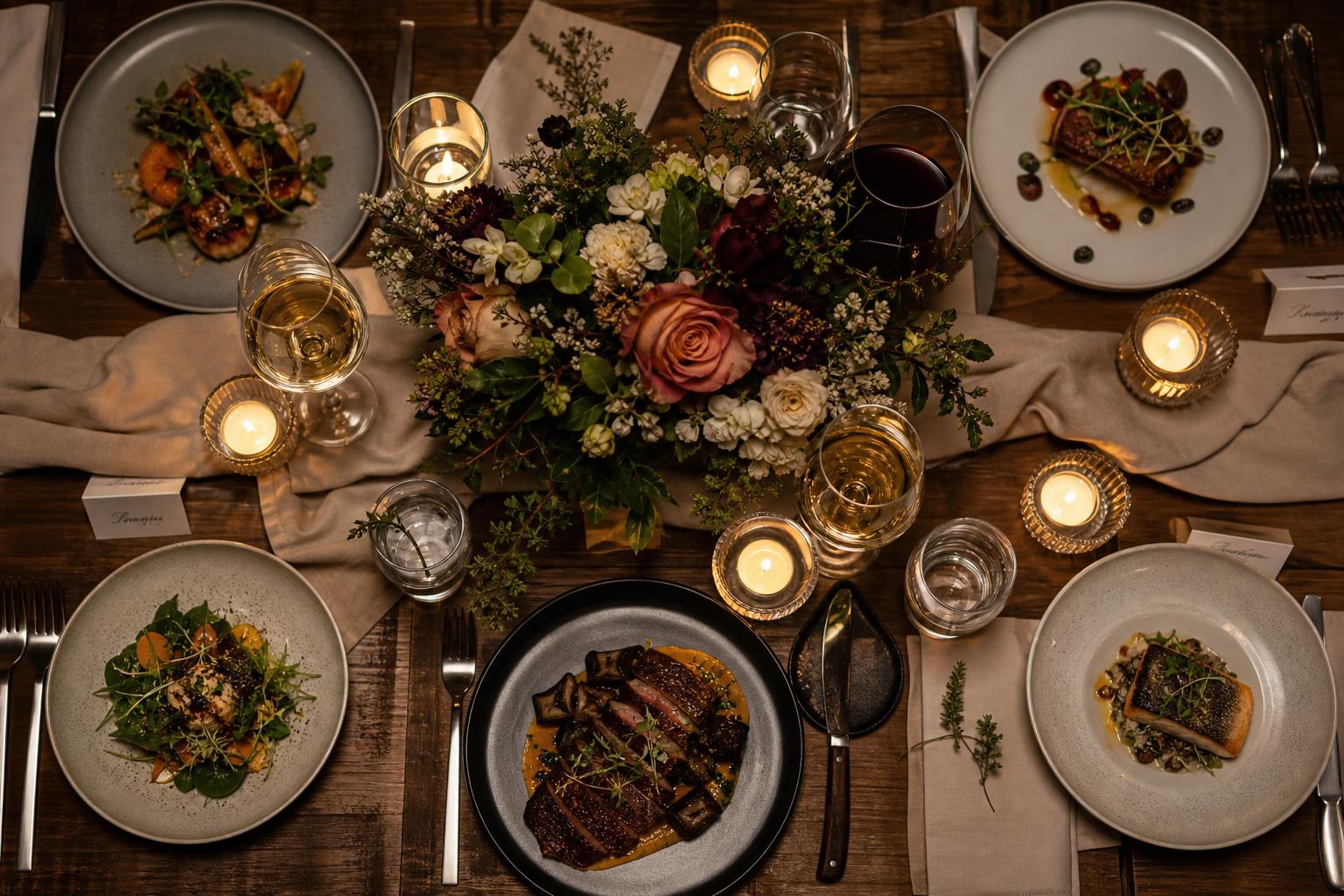 Mesa elegante para evento gourmet